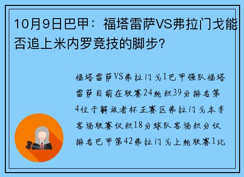 10月9日巴甲：福塔雷萨VS弗拉门戈能否追上米内罗竞技的脚步？