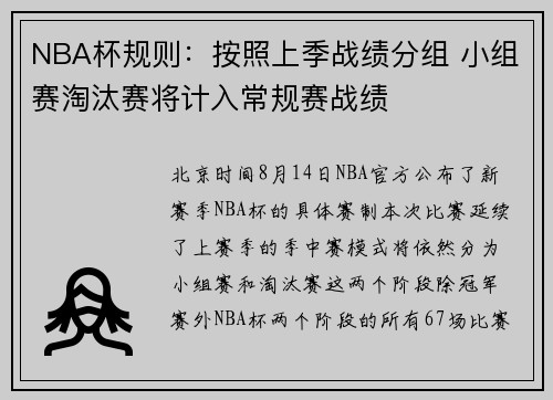 NBA杯规则：按照上季战绩分组 小组赛淘汰赛将计入常规赛战绩