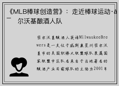 《MLB棒球创造营》：走近棒球运动·密尔沃基酿酒人队