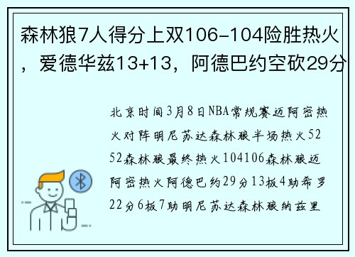 森林狼7人得分上双106-104险胜热火，爱德华兹13+13，阿德巴约空砍29分